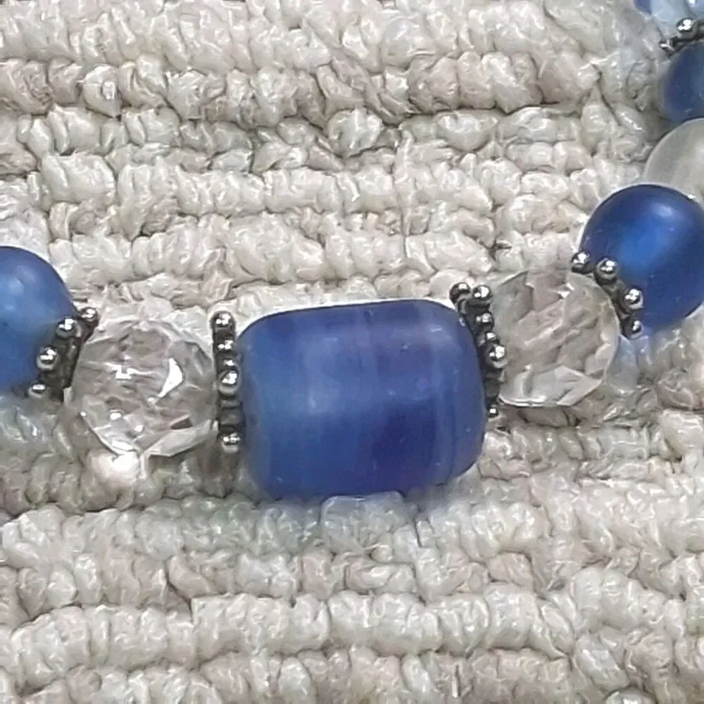 Blue Clear Beaded Bracelet Silver Tone Heart Toggle Clasp Beaded Strand Jewelry